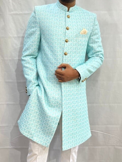 Ivory Velvet Indo Western Sherwani for Men, Custom Fit Groom Achkan Set