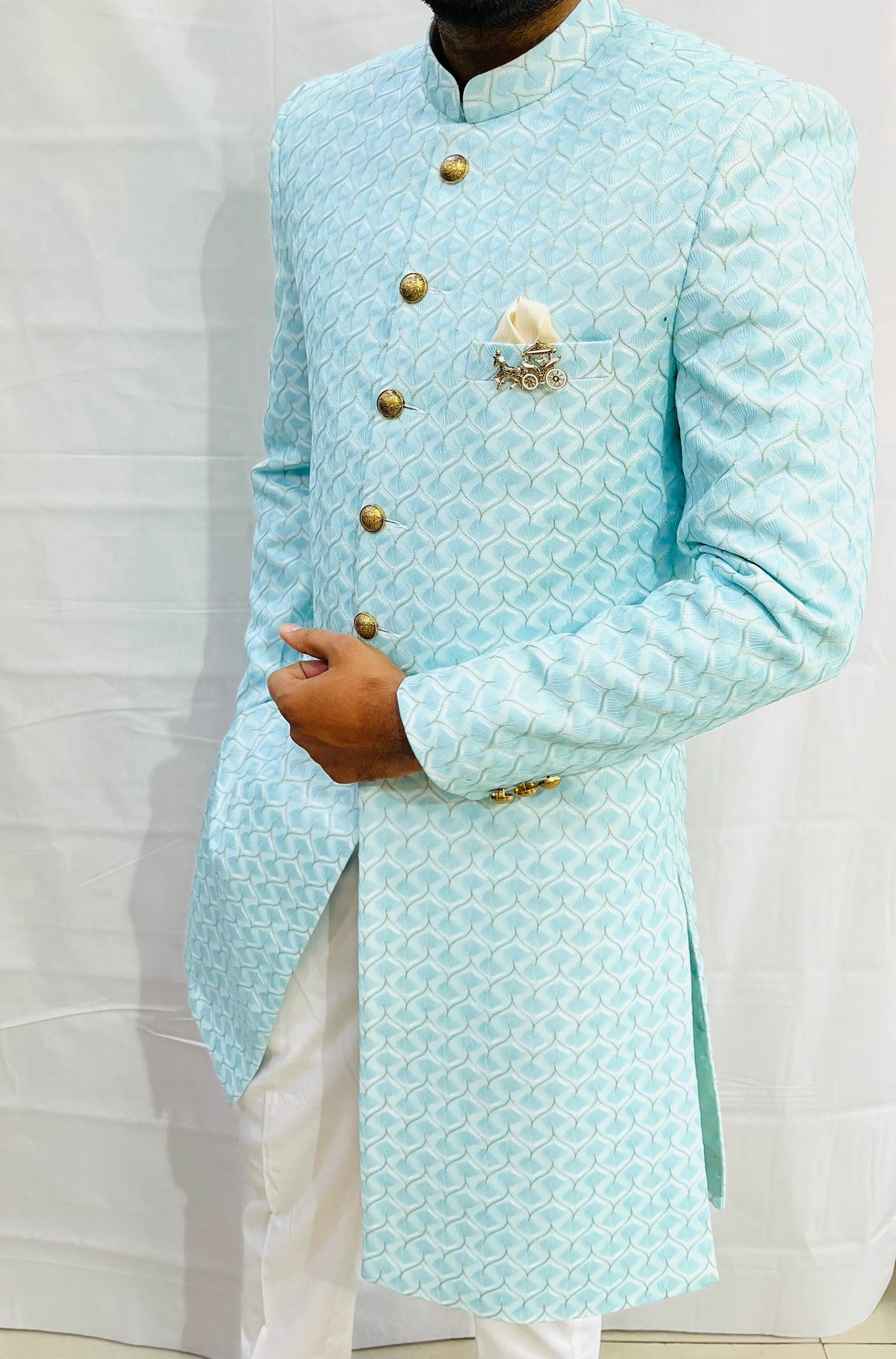 Ivory Velvet Indo Western Sherwani for Men, Custom Fit Groom Achkan Set
