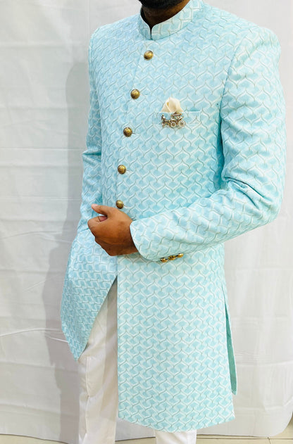 Ivory Velvet Indo Western Sherwani for Men, Custom Fit Groom Achkan Set