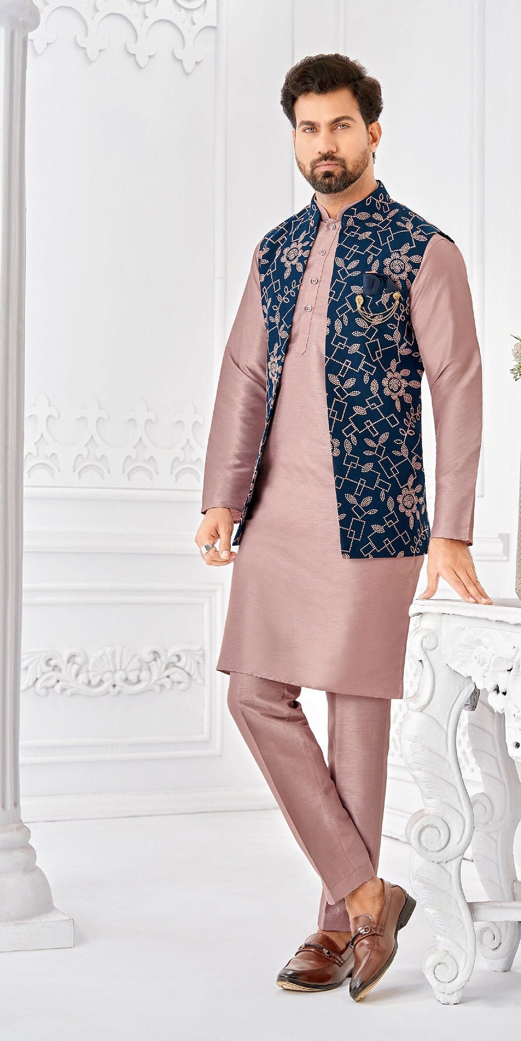 Lavender Kurta Pajama with Blue Floral Nehru Jacket: Men's Wedding Outfit