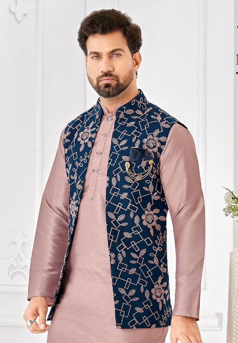 Lavender Kurta Pajama with Blue Floral Nehru Jacket: Men's Wedding Outfit
