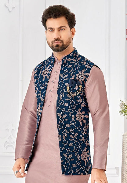 Lavender Kurta Pajama with Blue Floral Nehru Jacket: Men's Wedding Outfit