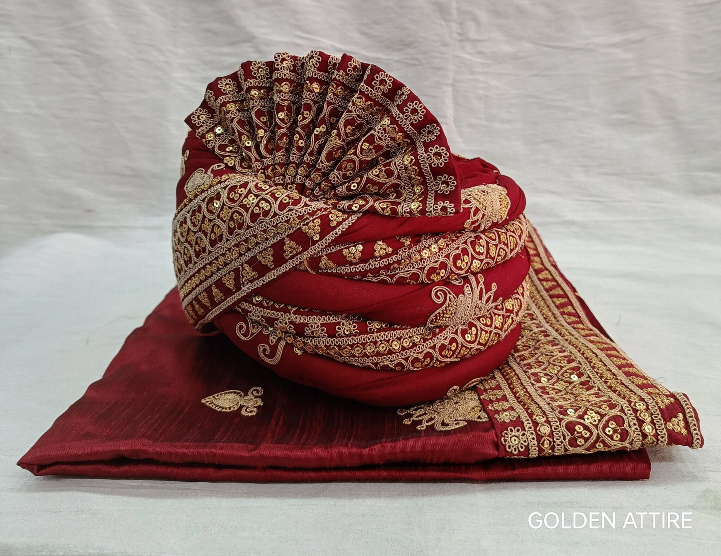 Red Wedding Turban & Shawl Set, Indian Groom Safa Combo with Golden Embroidery