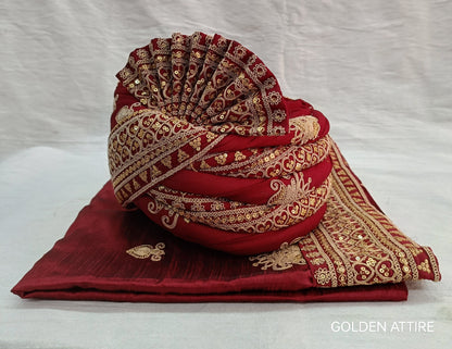 Red Wedding Turban & Shawl Set, Indian Groom Safa Combo with Golden Embroidery