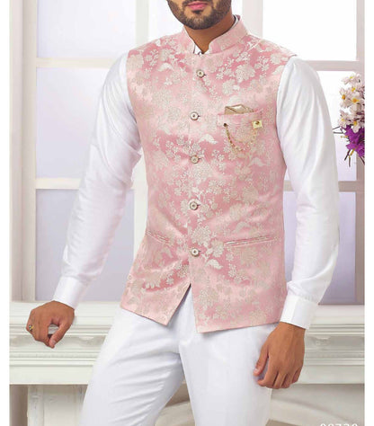 Dusty Pink Jacquard Modi Nehru Jacket Set for Men