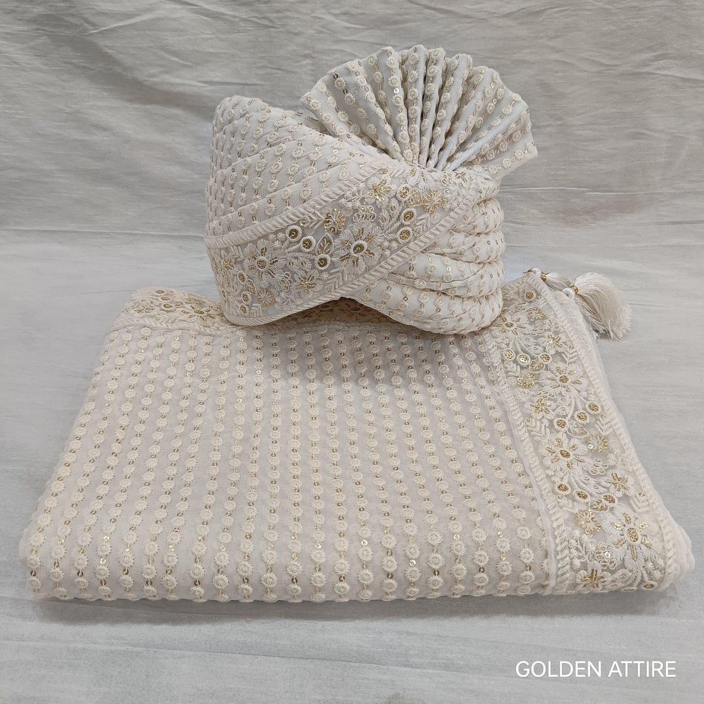 Ivory Wedding Turban & Shawl Set, Indian Groom Safa Combo