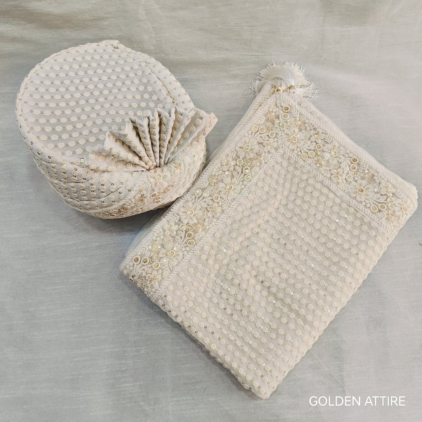 Ivory Wedding Turban & Shawl Set, Indian Groom Safa Combo