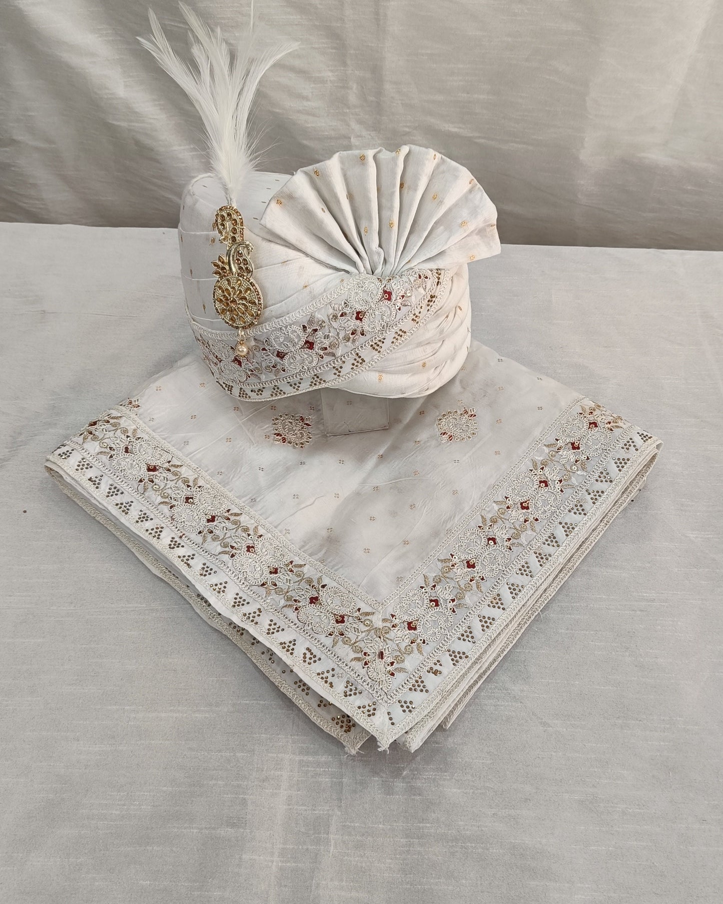 White Wedding Turban & Shawl Set: Indian Groom Safa