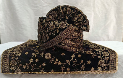 Black Wedding Turban & Shawl Set: Indian Groom Safa