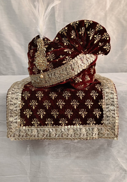 Indian Groom Turban & Shawl Set for Men, Embroidery Border Stole for Sherwani