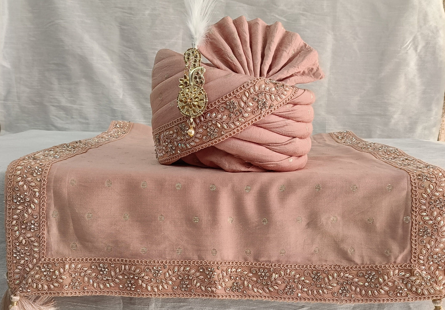 Dusty Rose Wedding Turban & Shawl Set, Indian Groom Safa