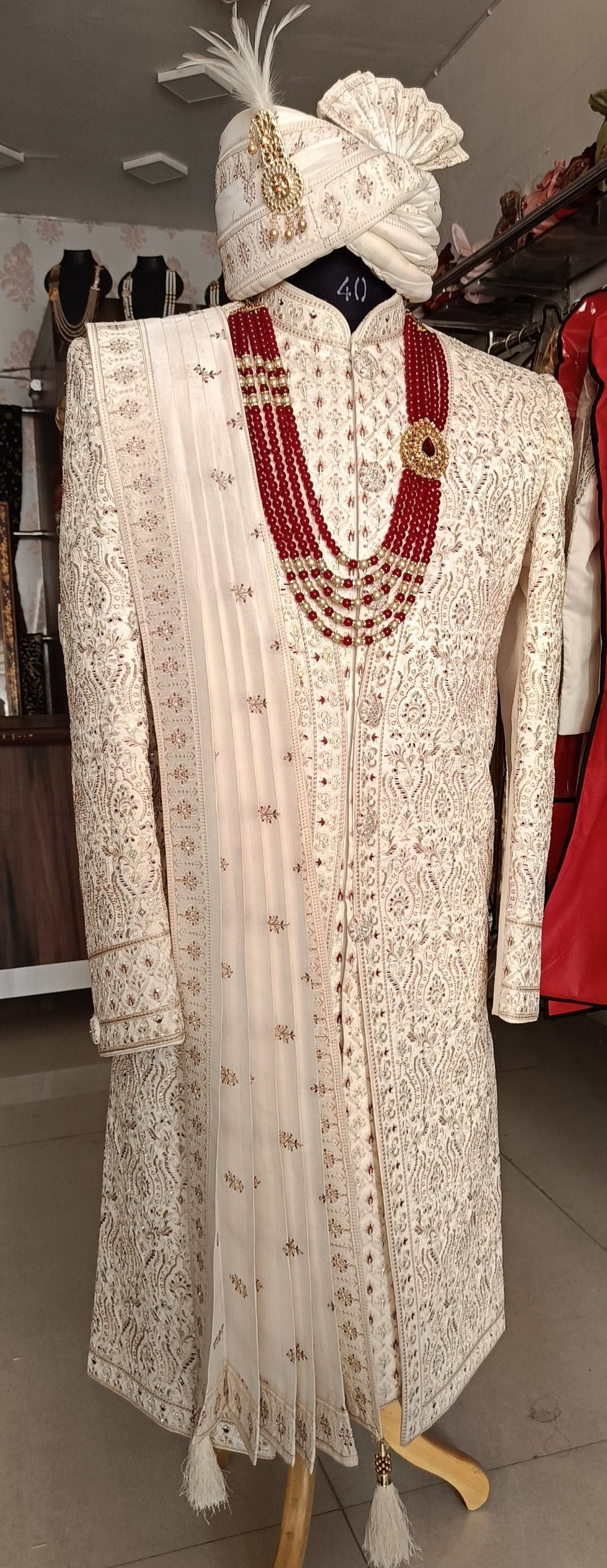 Ivory Sherwani for Groom, Thread Embroidered Wedding Outfit