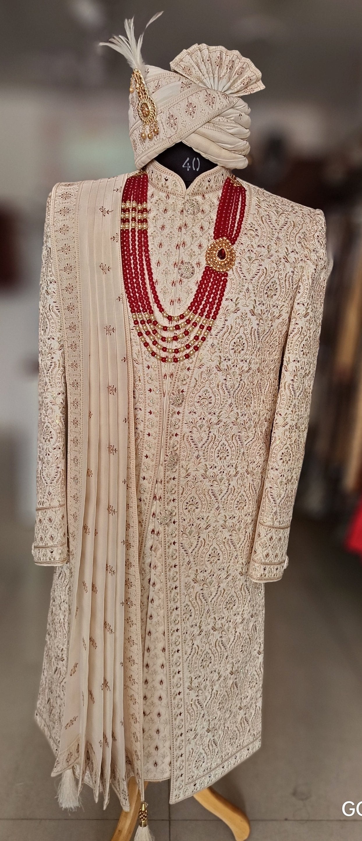 Ivory Sherwani for Groom, Thread Embroidered Wedding Outfit