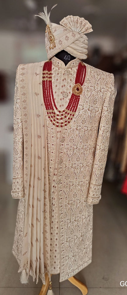 Ivory Sherwani for Groom, Thread Embroidered Wedding Outfit