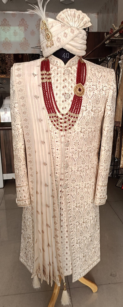 Ivory Sherwani for Groom, Thread Embroidered Wedding Outfit