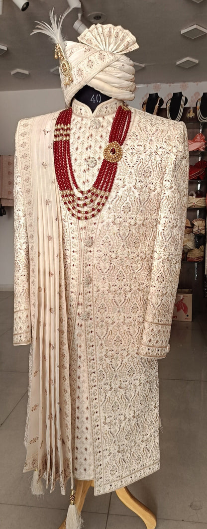 Ivory Sherwani for Groom, Thread Embroidered Wedding Outfit
