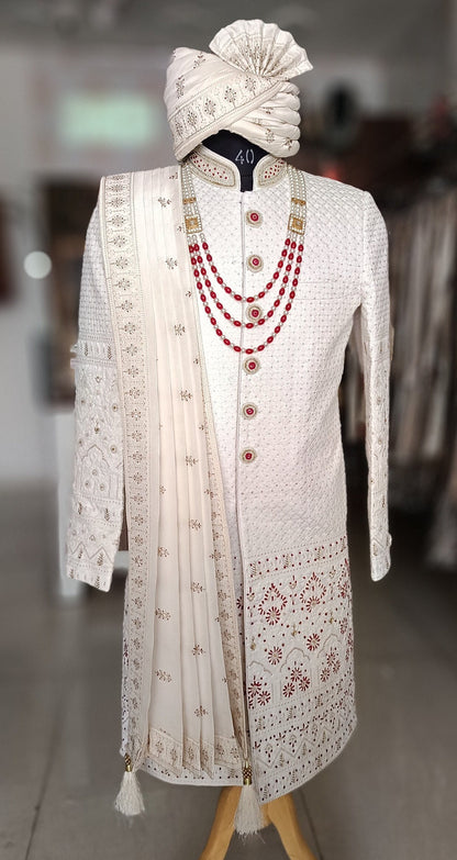 White Thread Embroidered Sherwani, Groom Suit