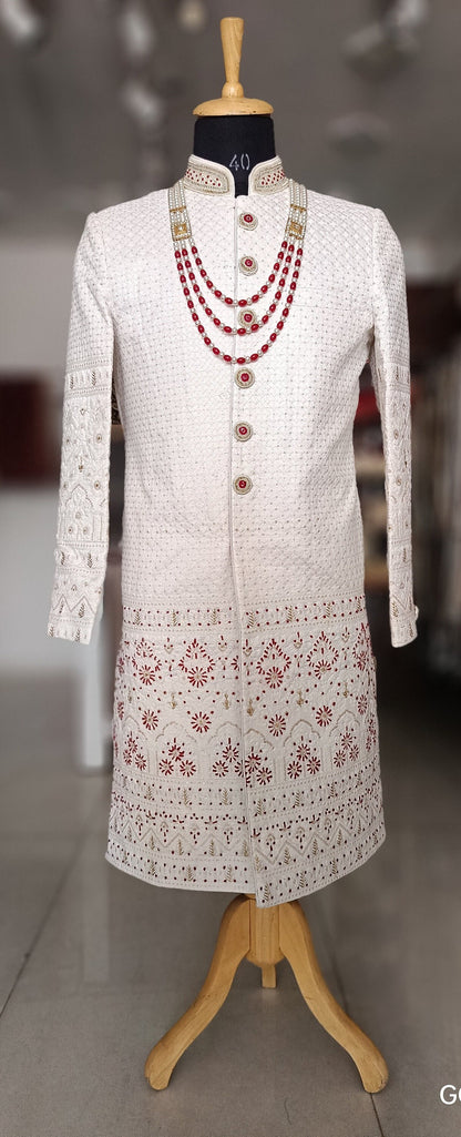 White Thread Embroidered Sherwani, Groom Suit