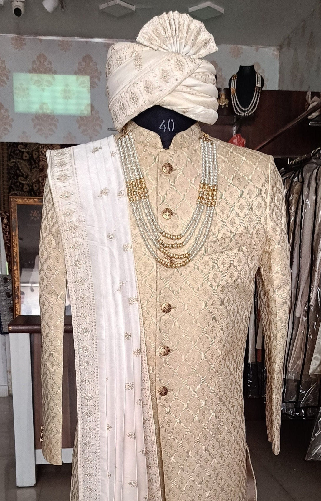 Ivory Wedding Sherwani, Groom Handcrafted Outfit, Indian Suit