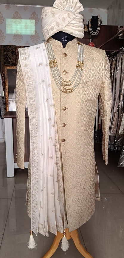 Ivory Wedding Sherwani, Groom Handcrafted Outfit, Indian Suit