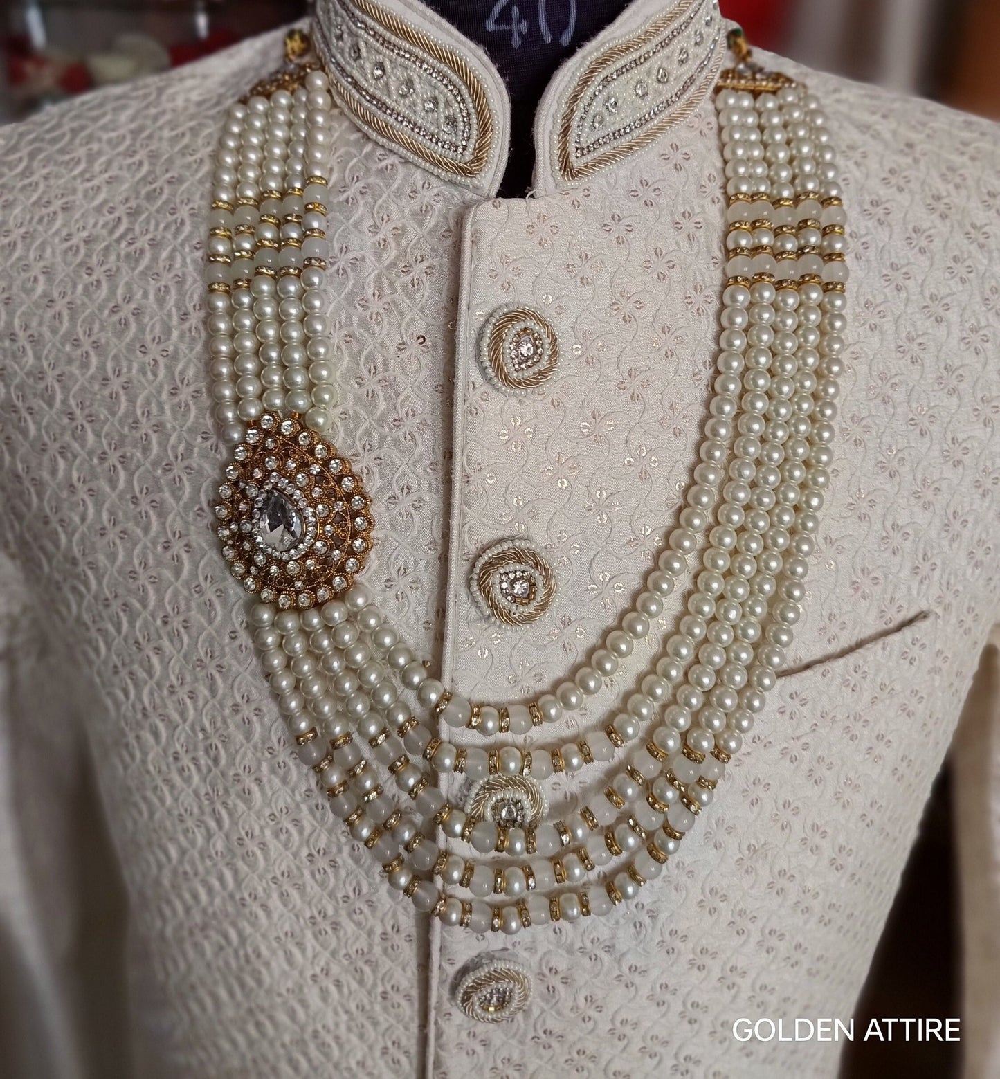 Indian Wedding Groom Necklace, Pearl & Stone Sherwani Kantha