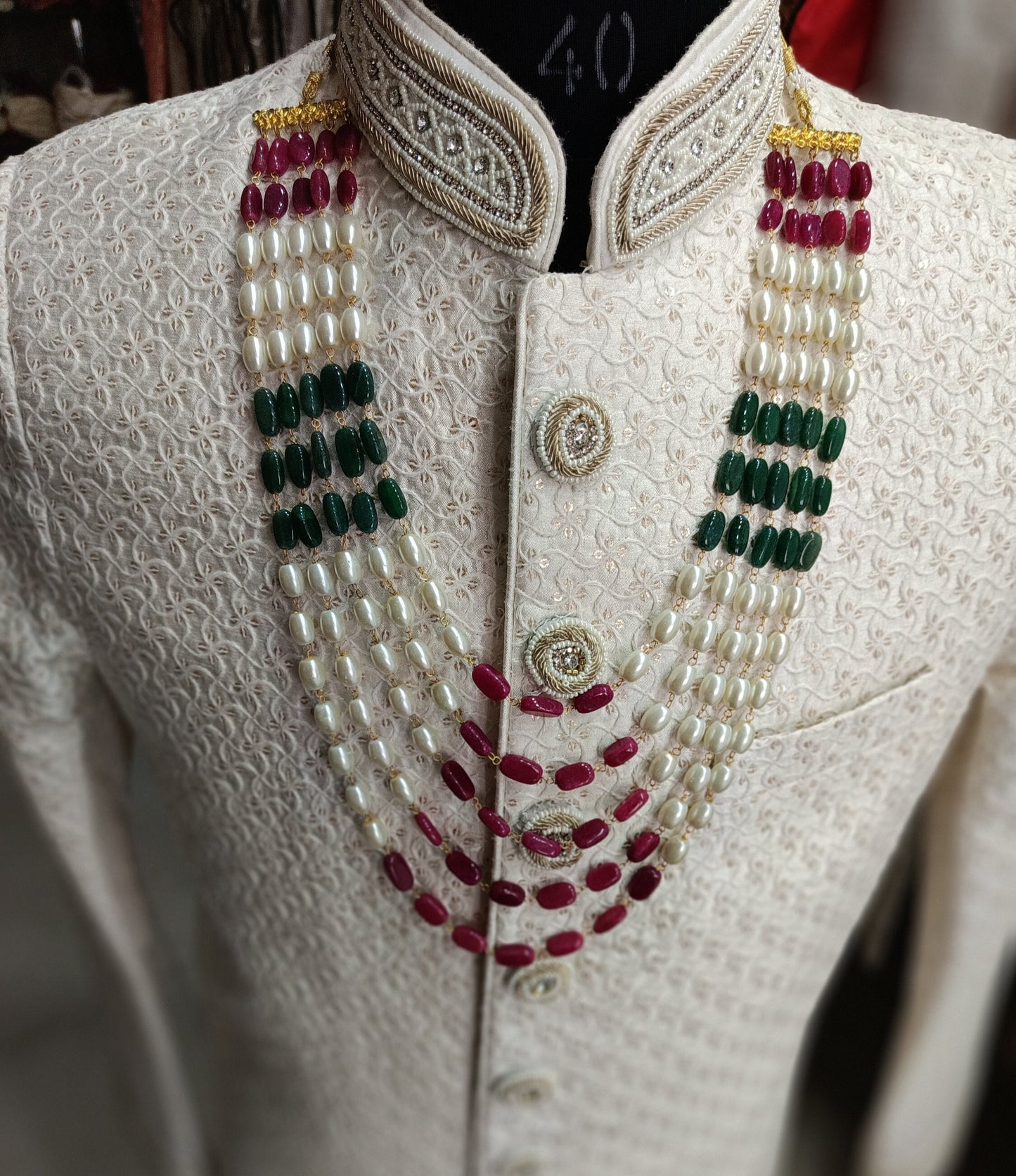 Sherwani Groom Necklace, Pearl & Stone Bead Kantha Mala