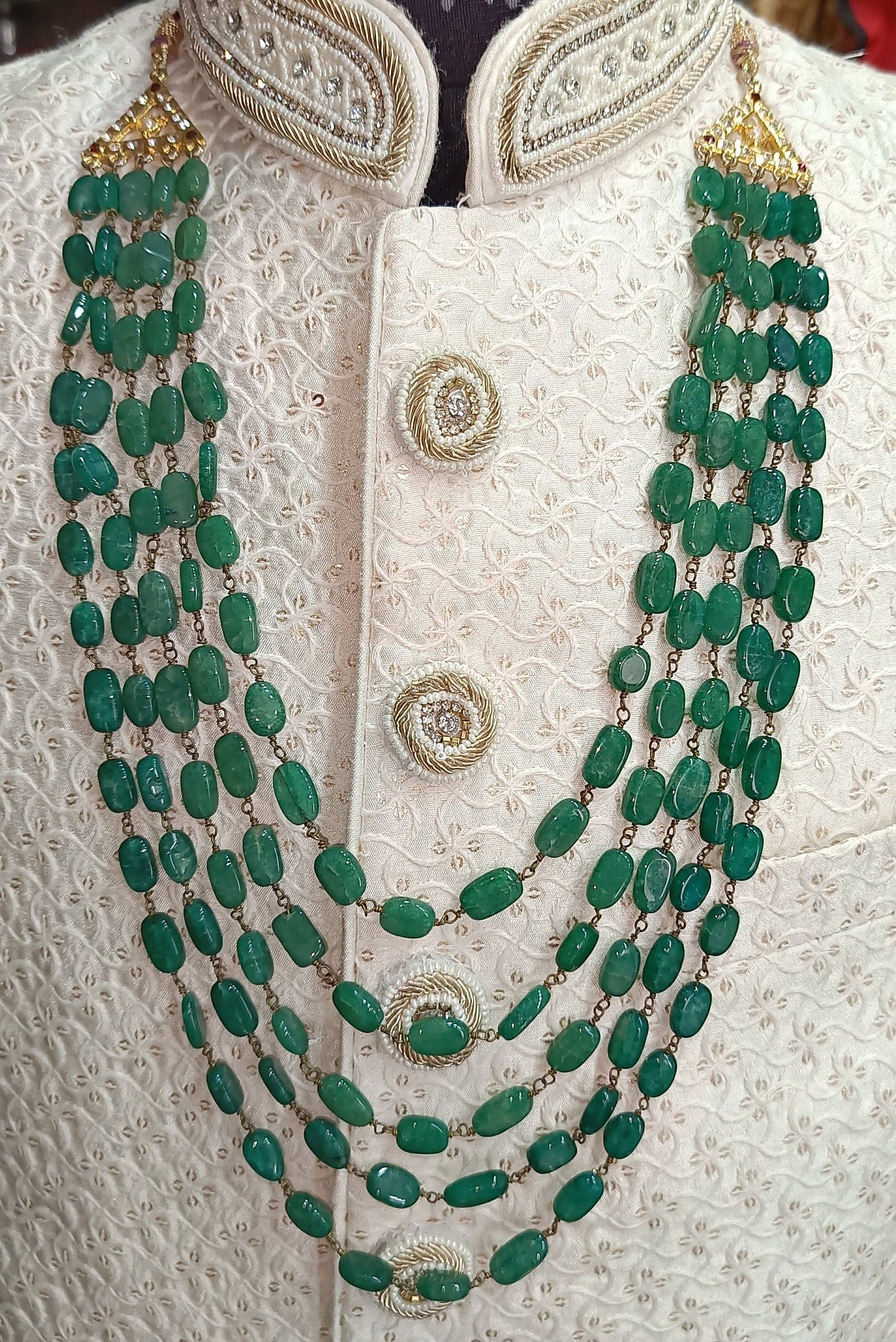 Emerald Green Groom Kantha Necklace, Indian Wedding Sherwani Jewelry