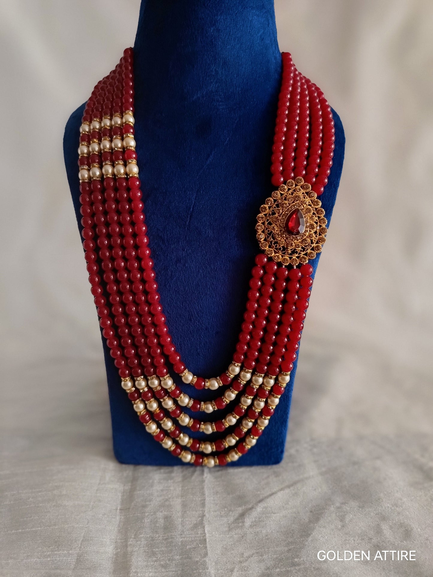 Burgundy Groom Necklace: Pearl & Stone Sherwani Jewelry