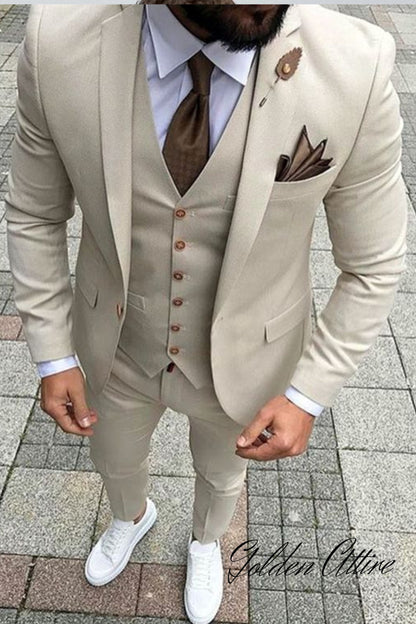 Beige 3-Piece Suit: Slim Fit One Button Wedding Groom Suit