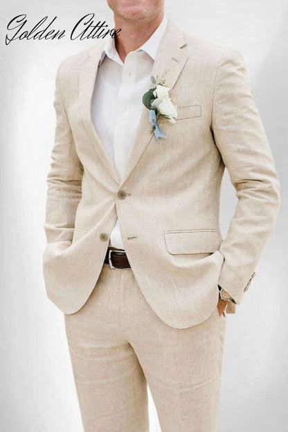 Beige Linen Suit for Men: Two-Piece Wedding Dinner Suit