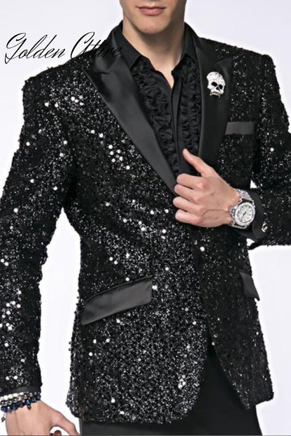 Men's Black Sequin Blazer: Handmade Tuxedo Jacket