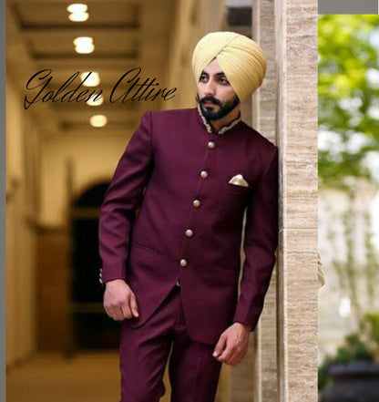 Maroon Jodhpur Suit: Slim Fit Tuxedo, Groom Wedding Outfit