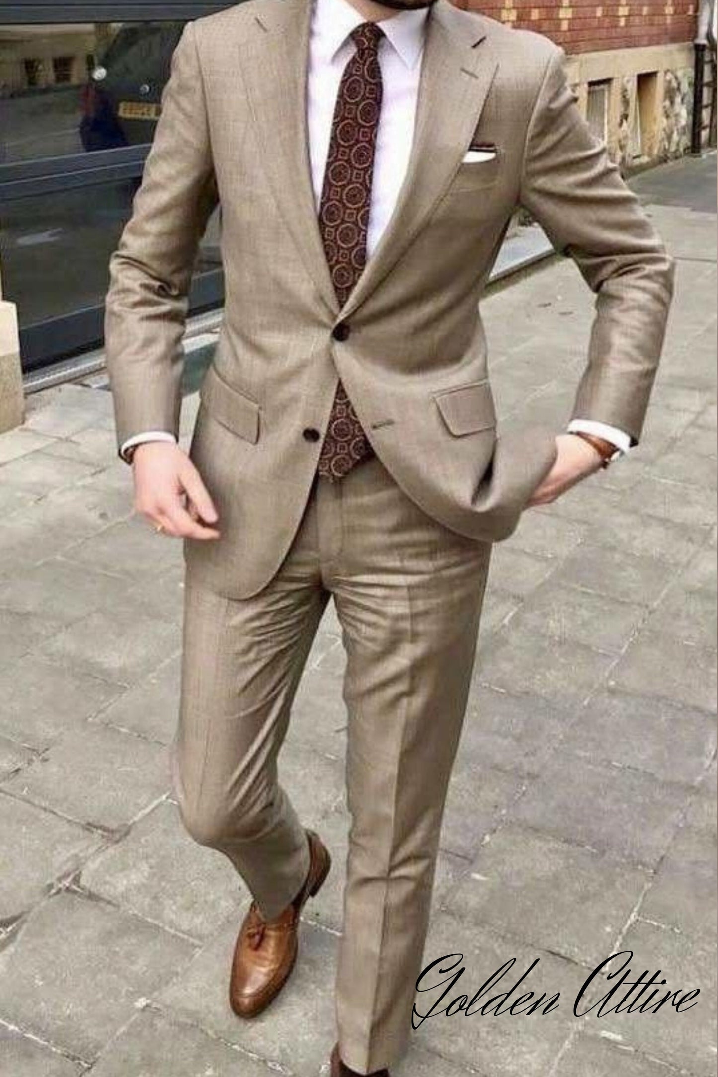 Beige Two-Piece Suit: Handmade Classic Wedding Groom Suit