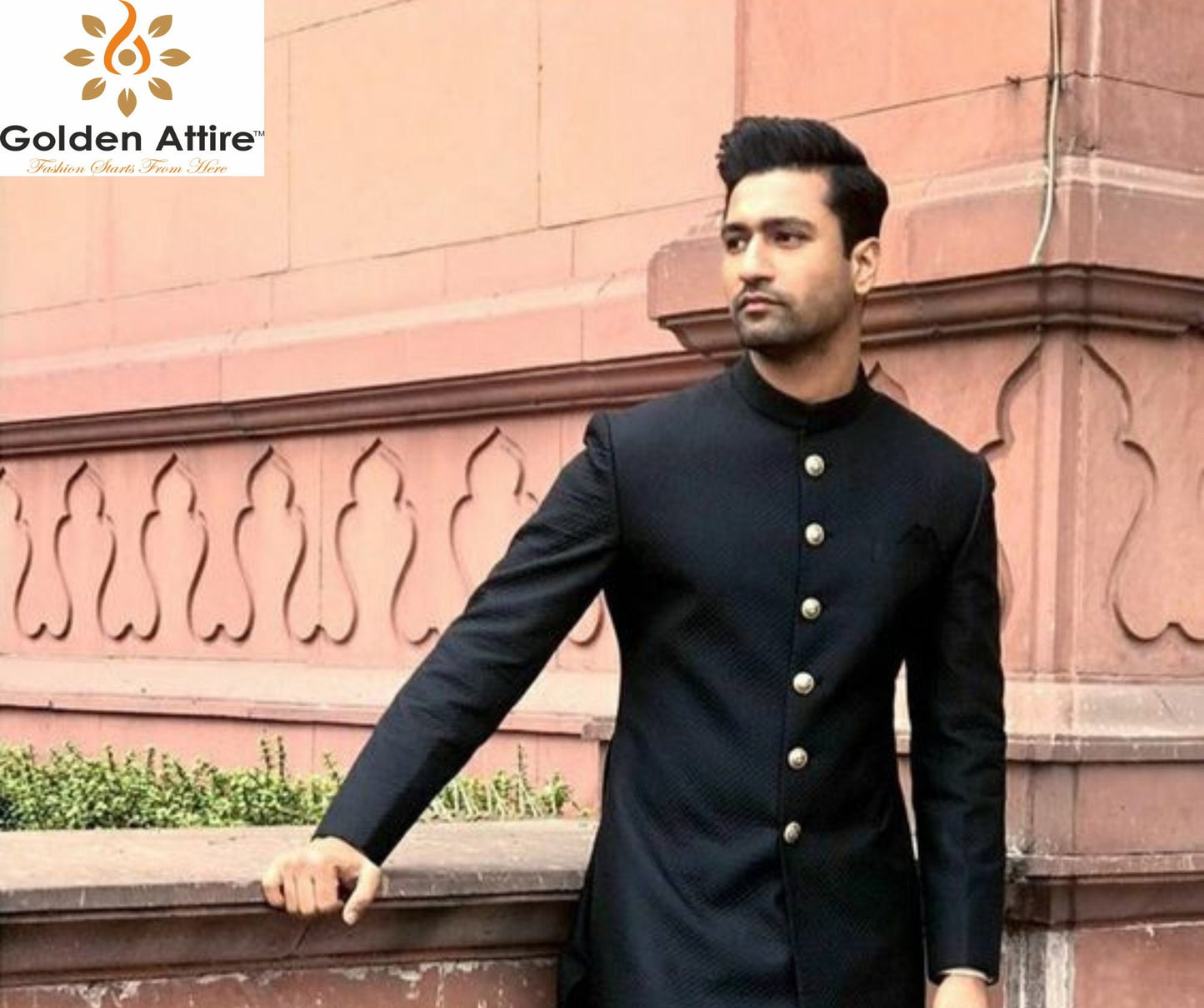 Black Indo Western Achkan Set: Ivory Meenakari Buttons, Groom Sherwani