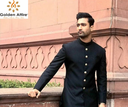Black Indo Western Achkan Set: Ivory Meenakari Buttons, Groom Sherwani