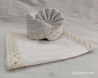 White Wedding Turban & Shawl Set: Indian Groom Safa