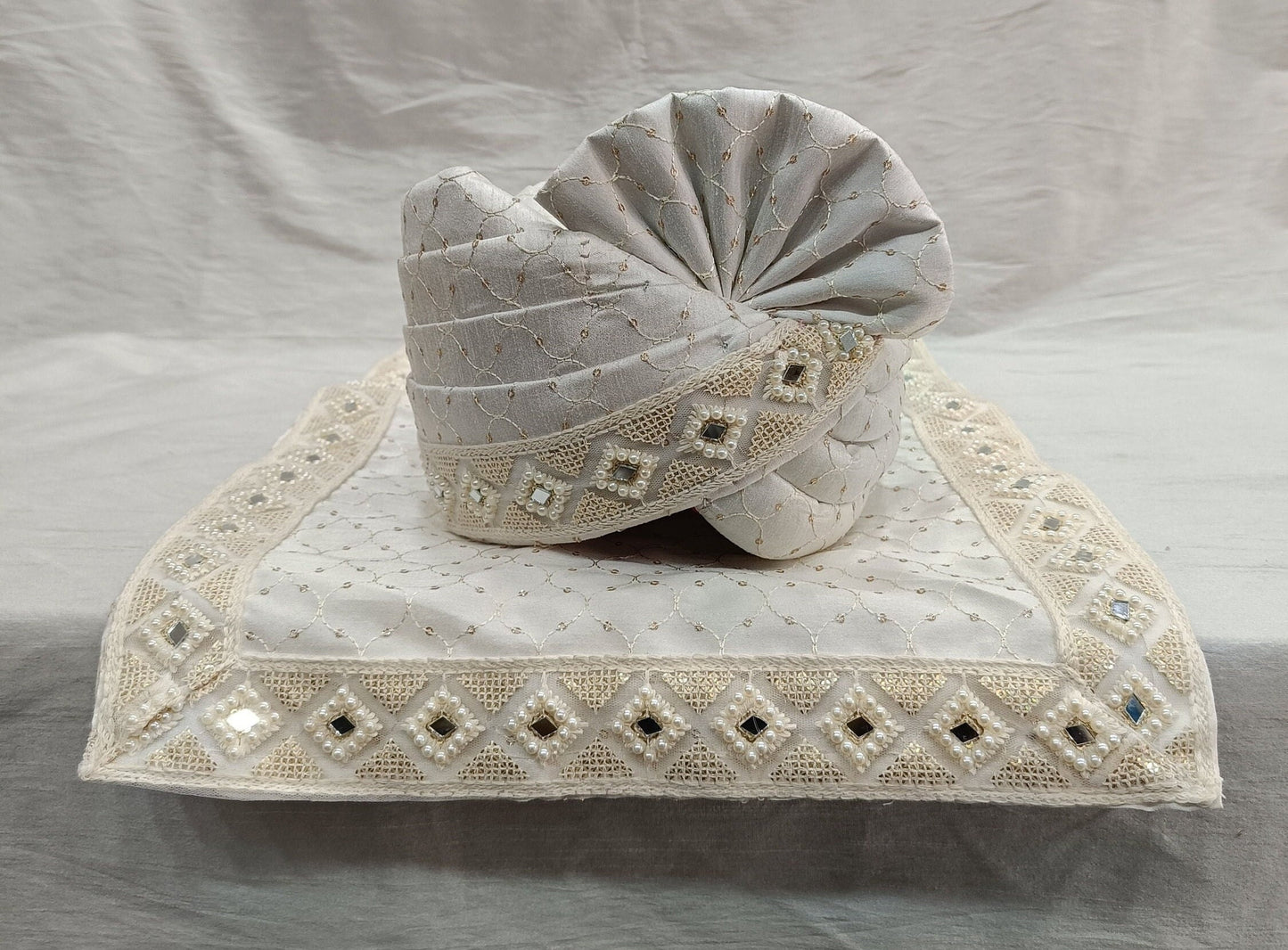 White Wedding Turban & Shawl Set: Indian Groom Safa
