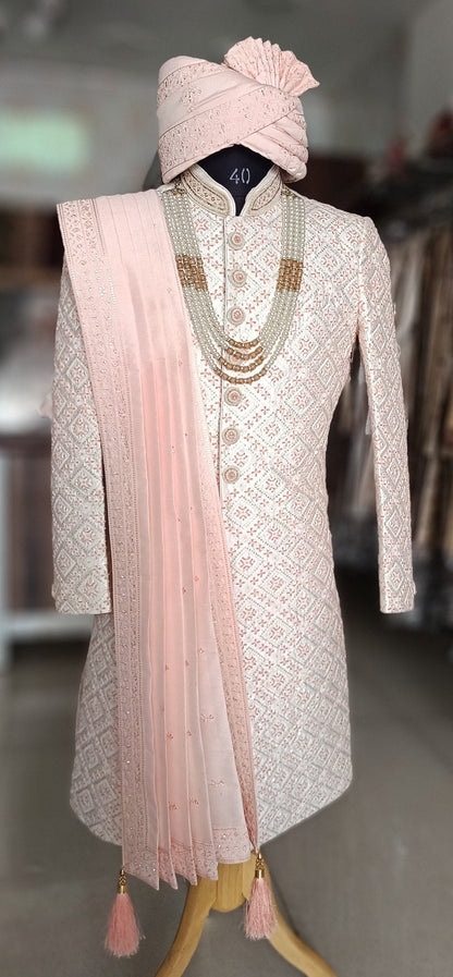 Pink Wedding Turban & Shawl Set: Indian Groom Safa