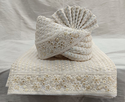 Ivory Wedding Turban & Shawl Set, Indian Groom Safa Combo