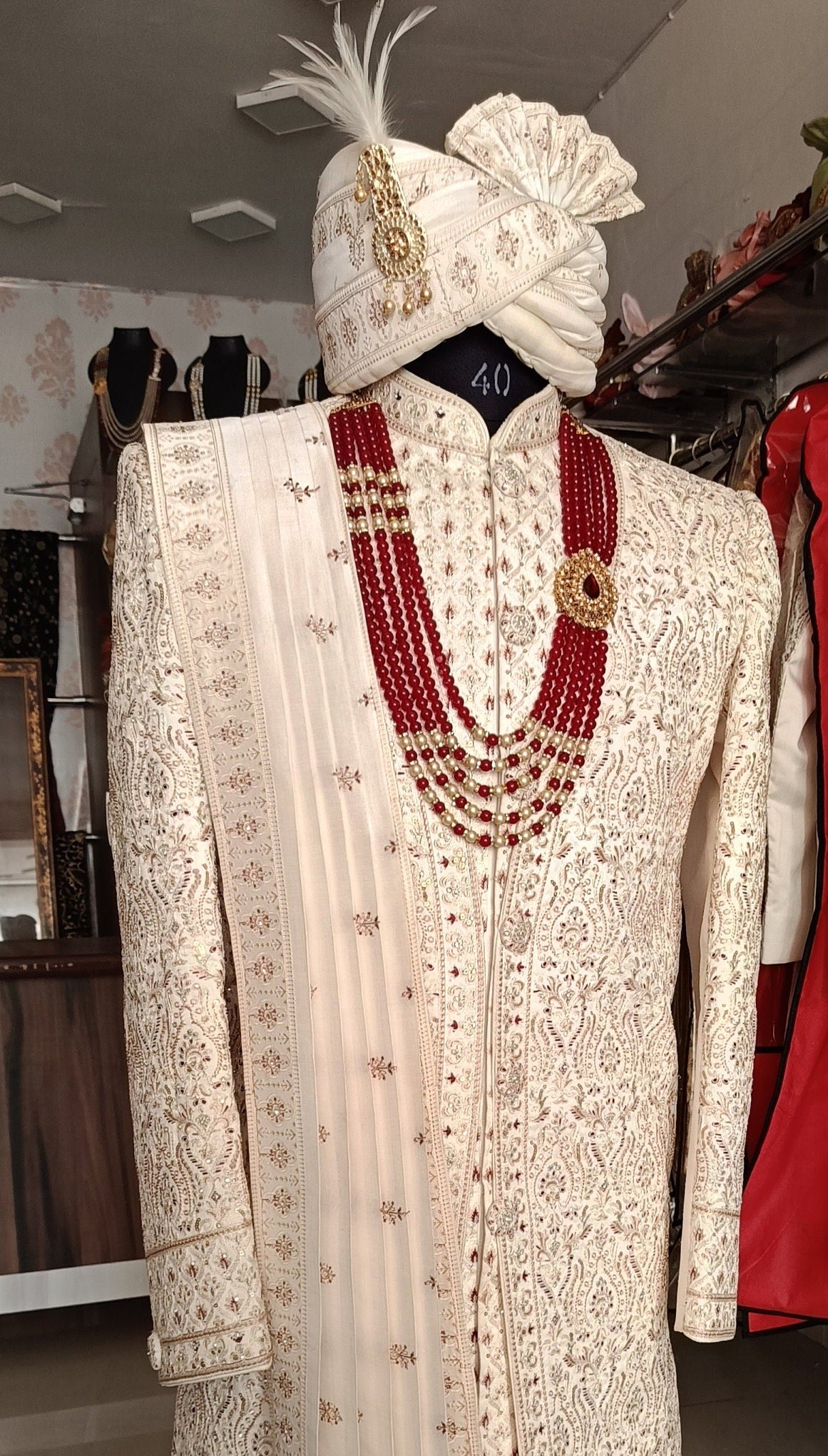 Ivory Sherwani for Groom, Thread Embroidered Wedding Outfit