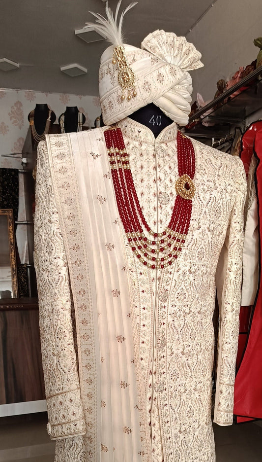 Ivory Sherwani for Groom, Thread Embroidered Wedding Outfit