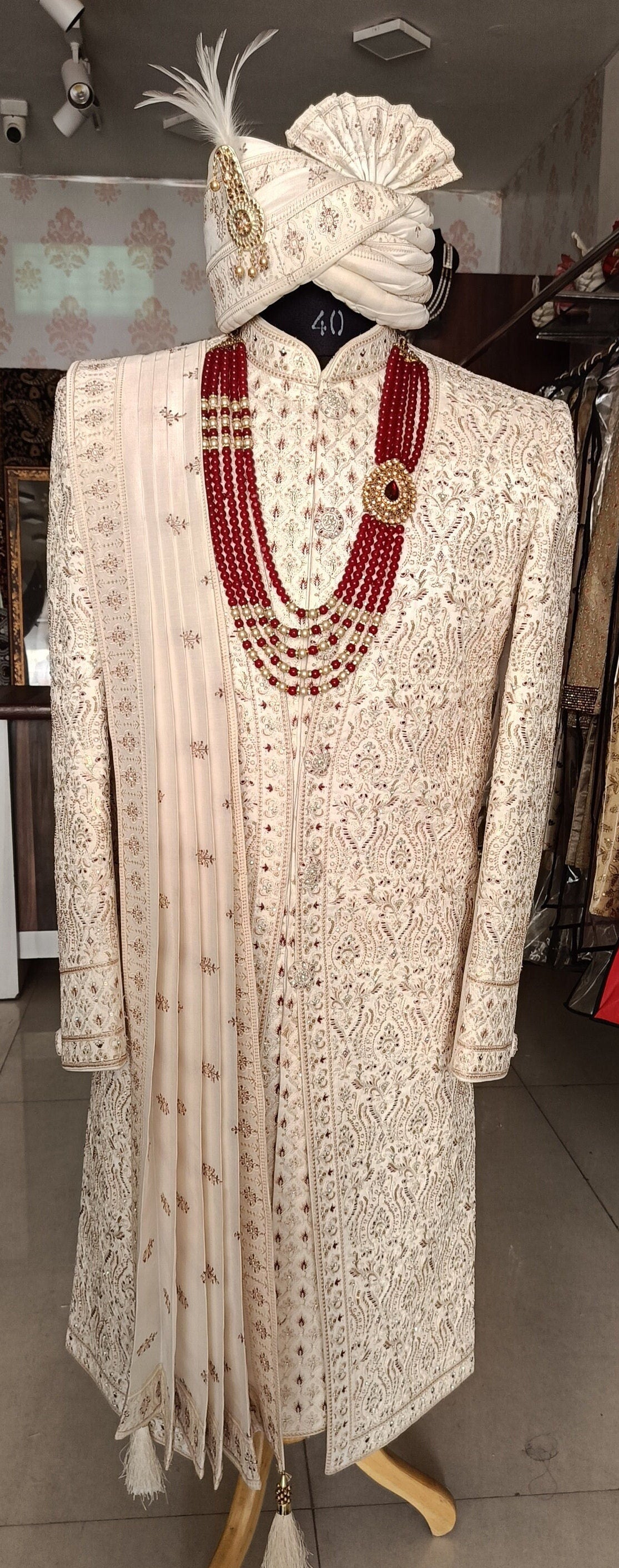 Ivory Sherwani for Groom, Thread Embroidered Wedding Outfit