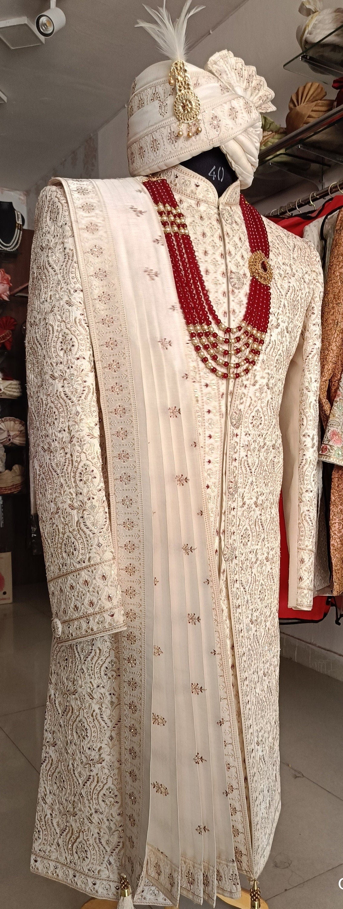Ivory Sherwani for Groom, Thread Embroidered Wedding Outfit