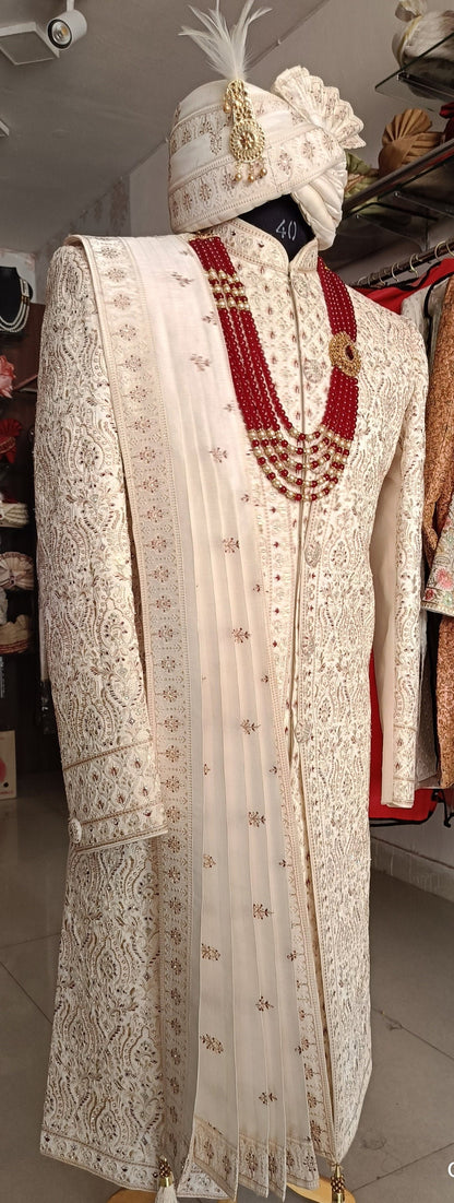 Ivory Sherwani for Groom, Thread Embroidered Wedding Outfit