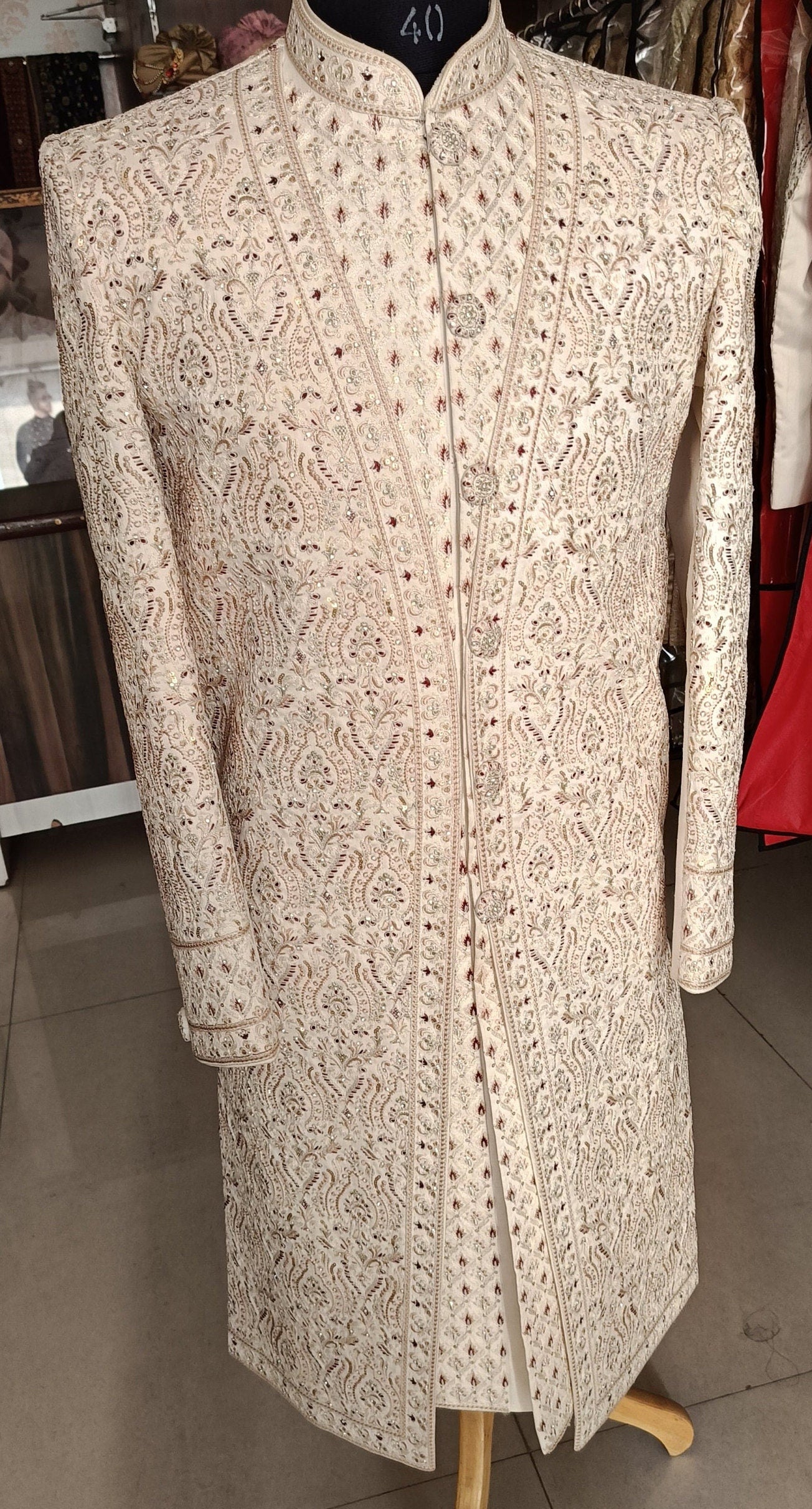 Ivory Sherwani for Groom, Thread Embroidered Wedding Outfit