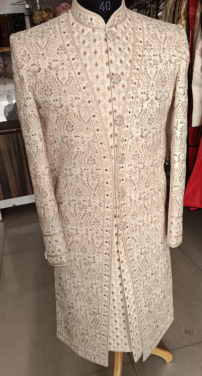 Ivory Sherwani for Groom, Thread Embroidered Wedding Outfit