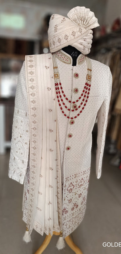 White Thread Embroidered Sherwani, Groom Suit
