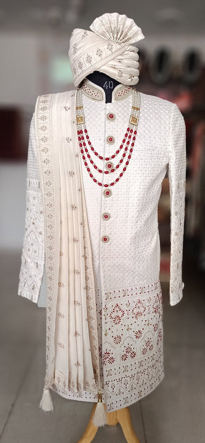 White Thread Embroidered Sherwani, Groom Suit