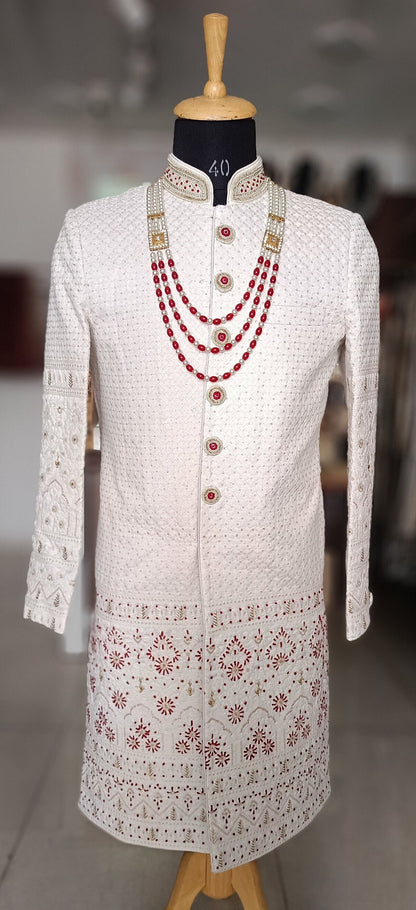 White Thread Embroidered Sherwani, Groom Suit