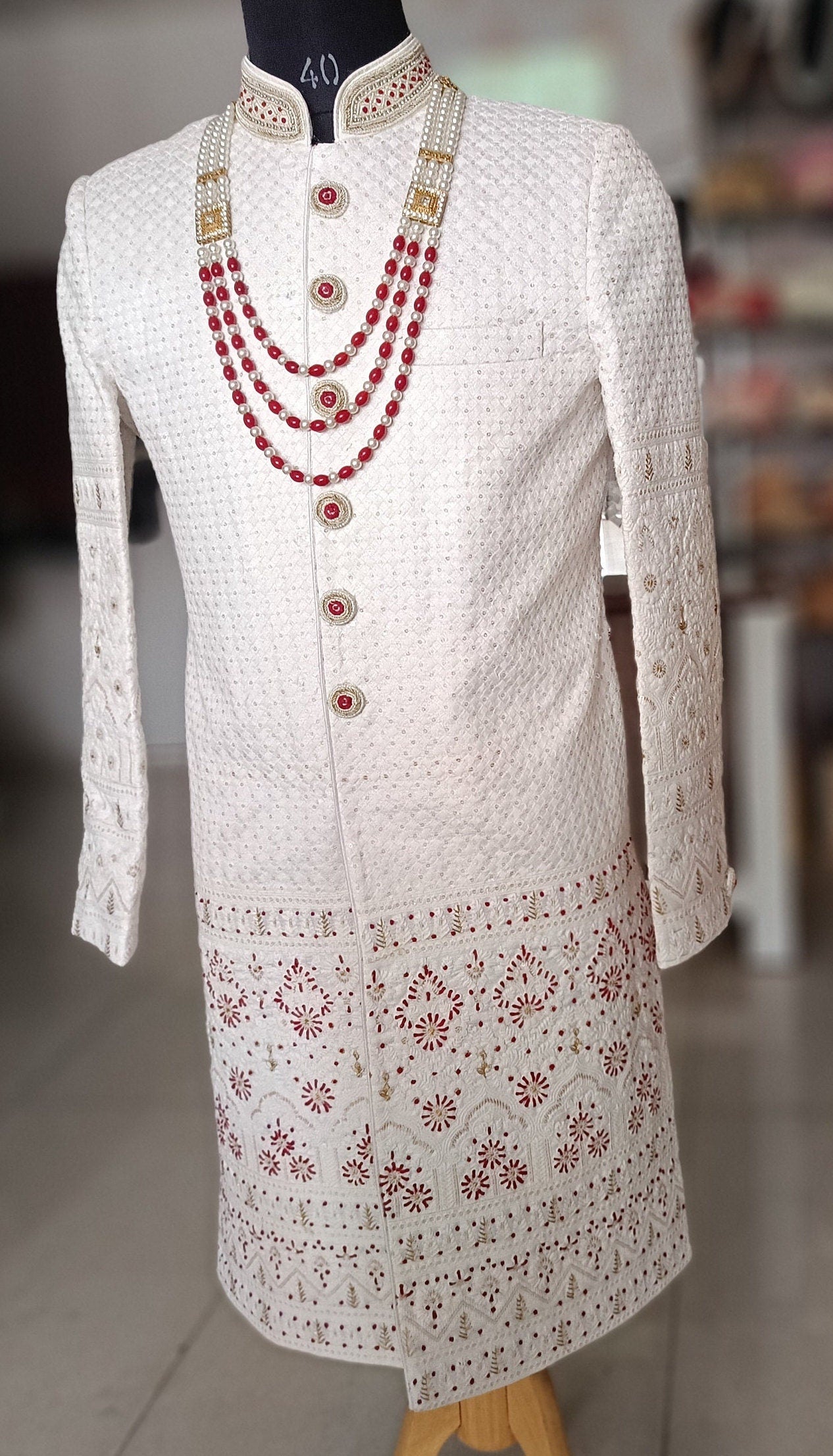 White Thread Embroidered Sherwani, Groom Suit
